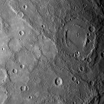 The double ringed crater pictured in the upper right of this image appears to be filled with smooth plains material, perhaps volcanic in&nbsp;nature