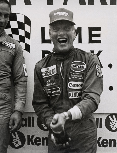 Enjoying another of his passions, auto racing, Newman celebrates at Lime Rock Park racetrack, in Connecticut, July 1980. By Ron Galella/WireImage
