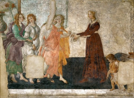 Sandro Botticelli (1445-1510) - Giovanna degli Albizzi Receiving a Gift of Flowers from Venus - 1486 - Fresco destacado e colocado em tela - 211 x 284 cm - Museu do Louvre, Paris